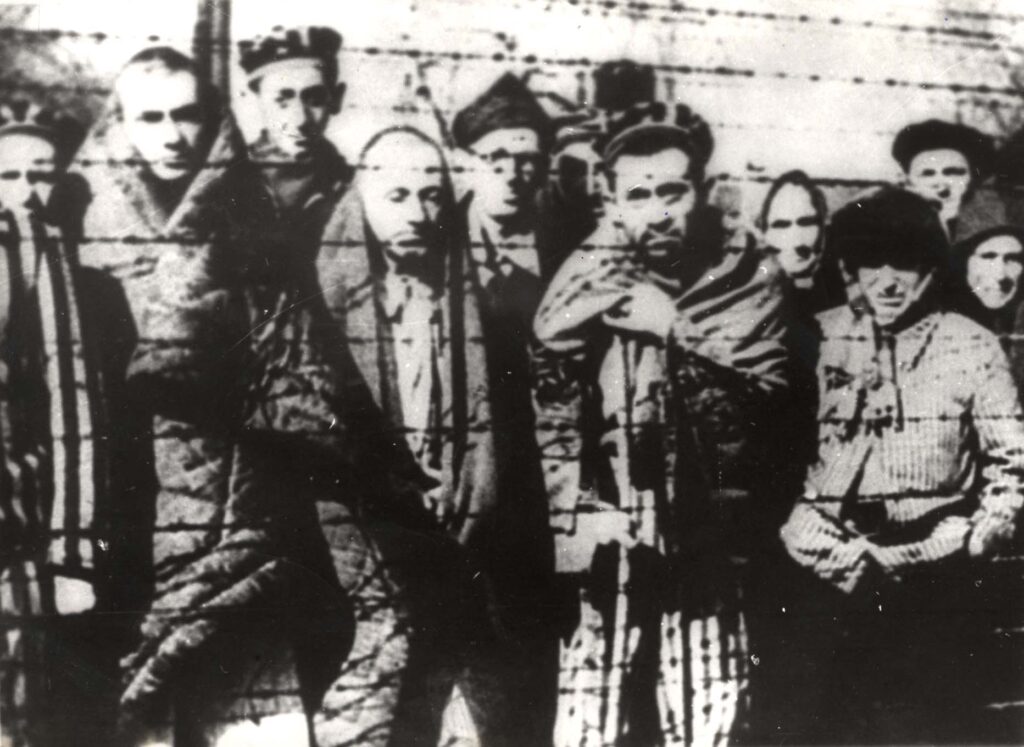 Survivors behind barbed wire fence after the liberation of the camp, Auschwitz, Poland, 1945 | Yad Vashem Archives