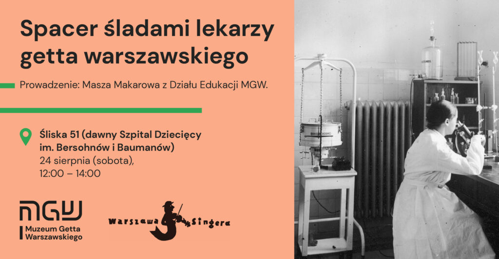 Grafika ze zdjęciem informująca o spacerze śladami lekarzy getta.